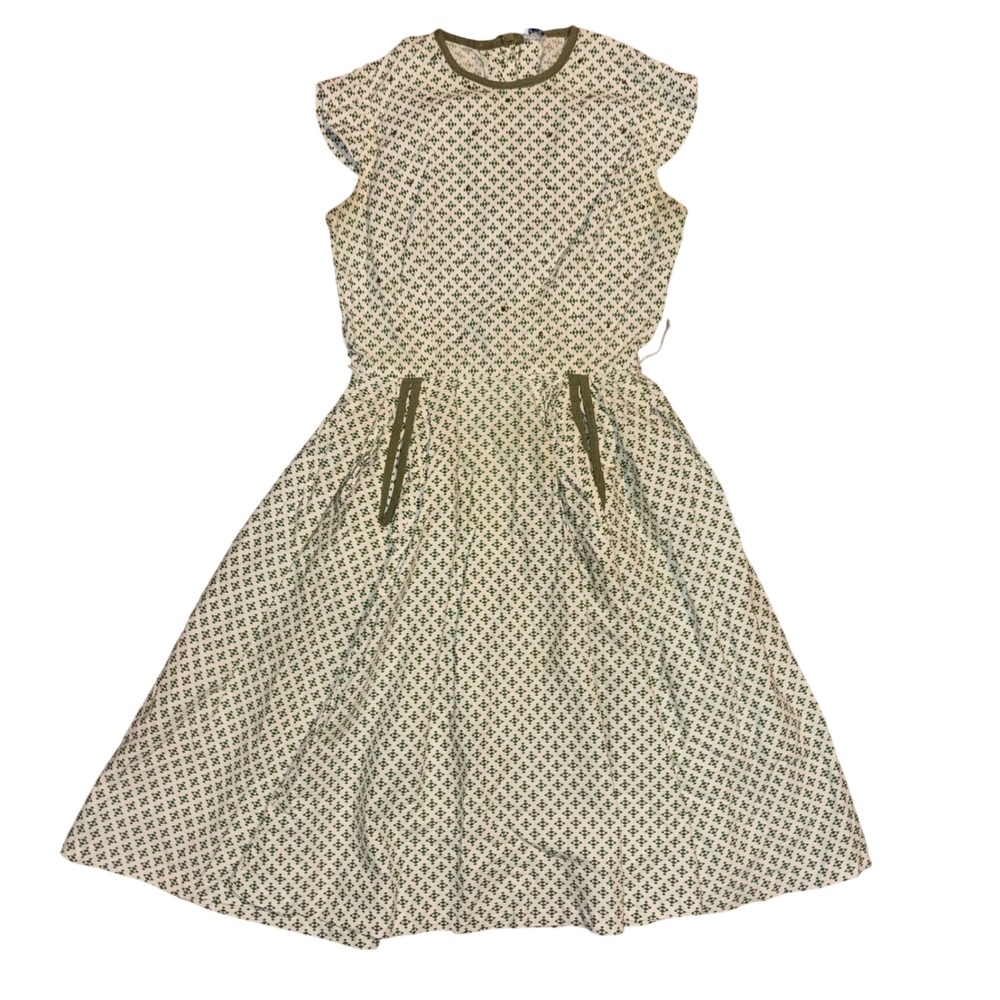 Vintage Green Geometric Rhinestone Fit Flare Dress Cap Sleeve Button Back 1950s